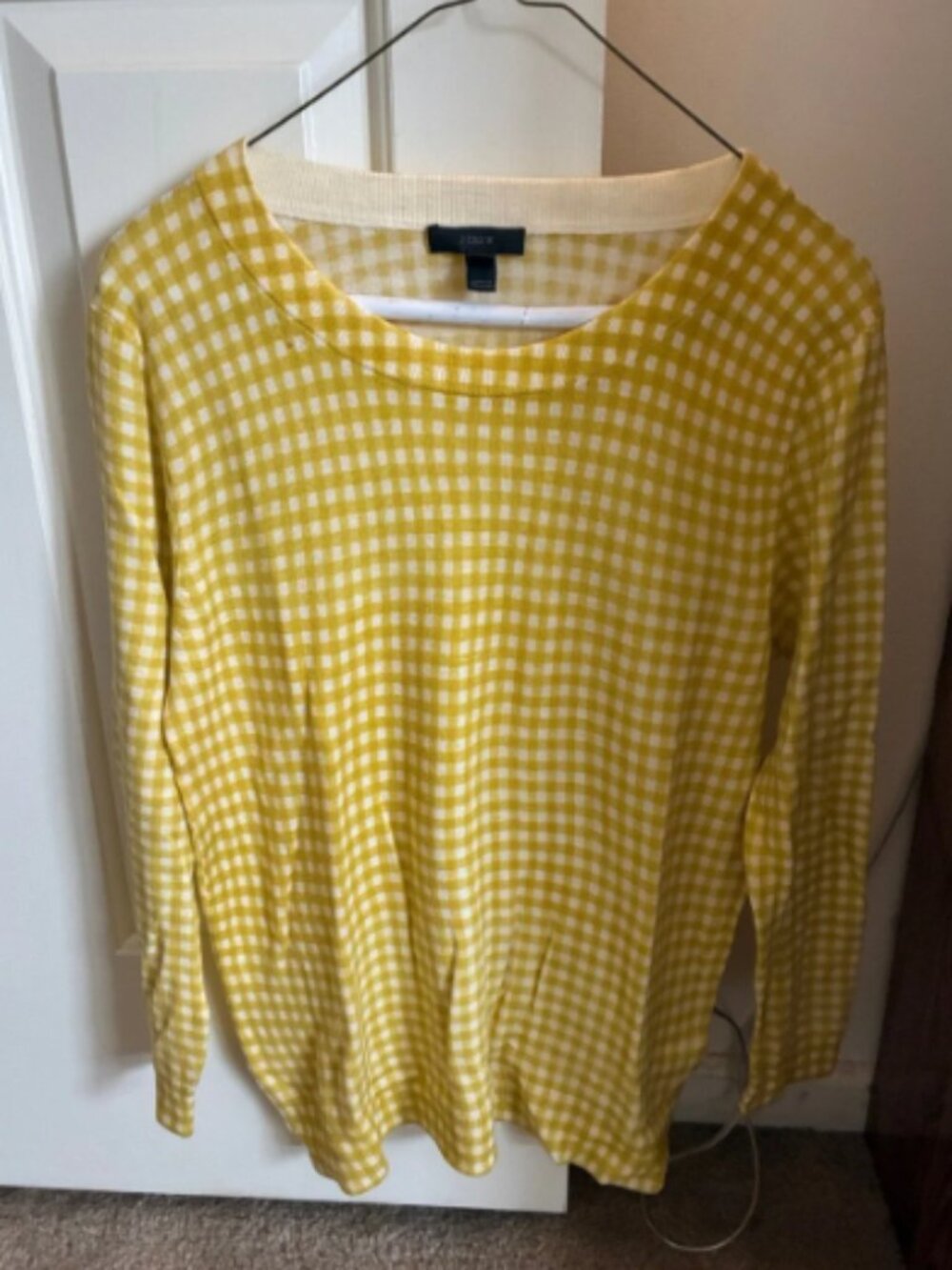 J. Crew Yellow and White Gingham Crewneck Sweater
